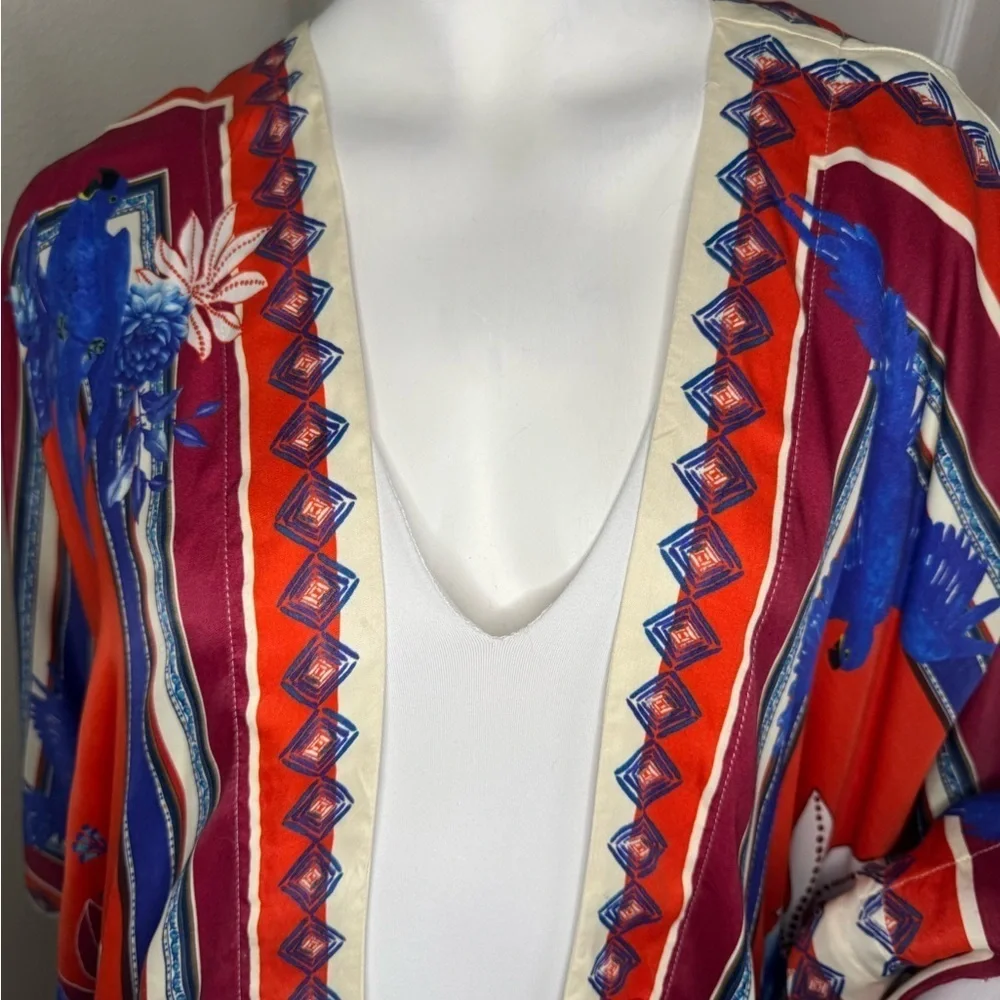 Farm Rio Macaw Red and Blue Geometric  duster  with Flowing Sleeves. - Picture 6 of 14